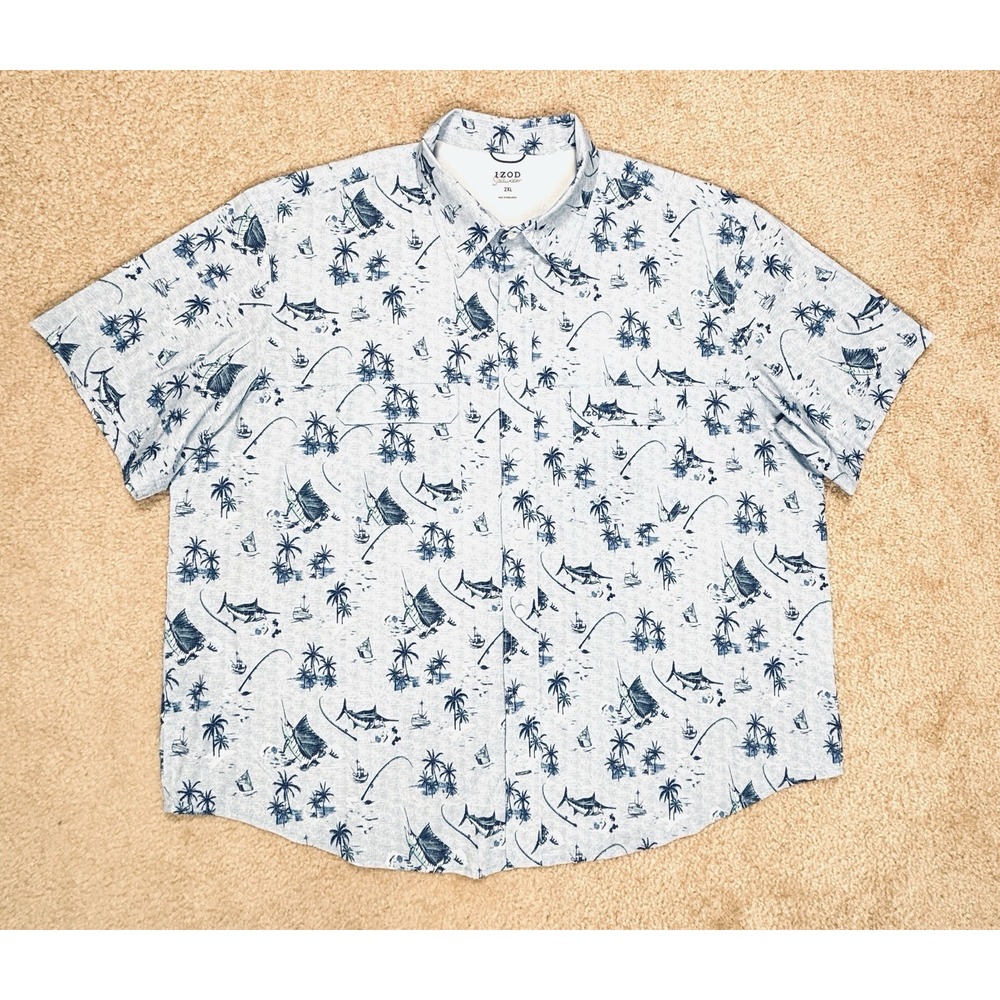 IZOD Saltwater Mens 2XL Blue White Nautical Fish Print Vented Button Up Shirt